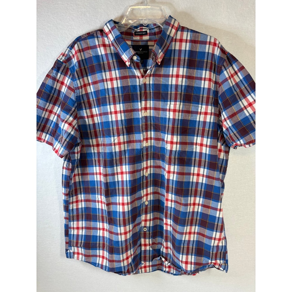 American Eagle Mens XXL Seriously Soft Plaid Short Sleeve Button Down Shirt Blue